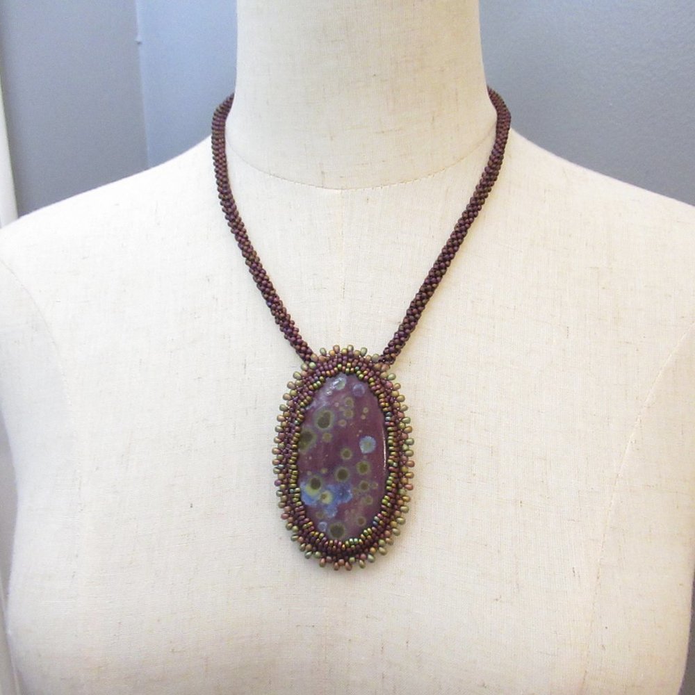 Bead Embroidered Cabochon Necklace